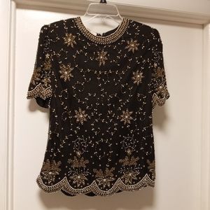 Laurence Kazer Vintage 80s Black, White, Gold Beaded Silk Blouse Size La…